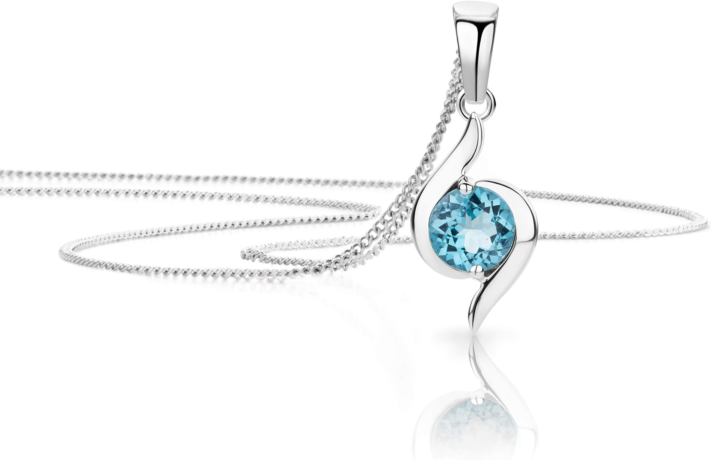 OROVIGold Necklaces for Women with Round Emerald/Ruby/Sapphire/Topaz Gem, 45 cm Chain and Pendant made of 9 Carat 375 White Gold - Handmade Jewellery