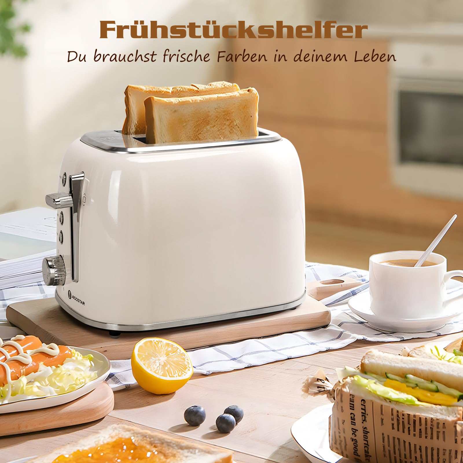 Aigostar Toaster 2 Scheiben, Retro Edelstahl Creme, 4 Funktionen (Bagel/Auftauen/Aufwärmen/Abbrechen), Extra Breite Toastschlitze, 6 Bräunungsstufen, Liftfunktion, 800W. Retro Cream 9
