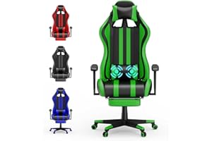 Soontrans Green Gaming Chair with Footrest,Racing Ergonomic Massage Gaming Chairs for Adults Work in Office,Height Adjustable Gamer Chair,360° Swivel Computer Chair,Reclining Silla Gamer
