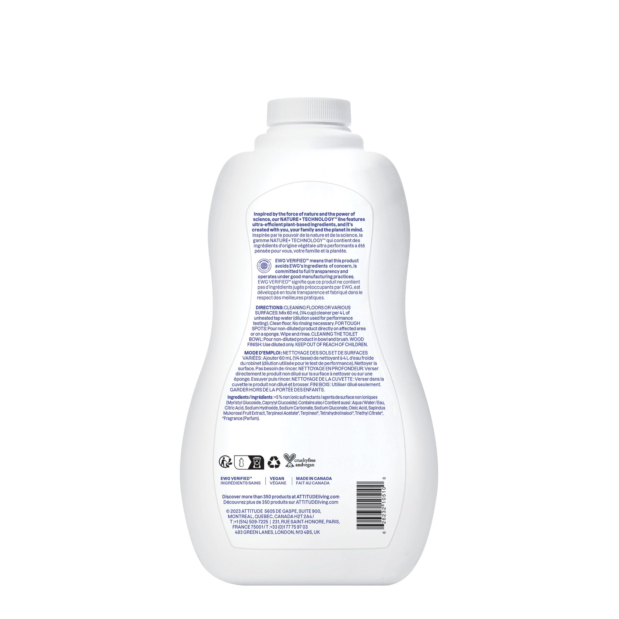 ATTITUDE Floor Cleaner, EWG Verified, Streak-Free, Vegan & Plant-Based for Tile, Wood & Laminate Floors, Citrus Zest Scent, 35.2 Fl Oz