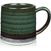 RELEDESA 18 Oz Large Ceramic Coffee Mug, 500ml Big Handmade Pottery Tea Cup for Office and Home, Big Handle Easy to Hold, Microwave and Dishwasher Safe, Stylish Texture Glaze (Ink Green)
