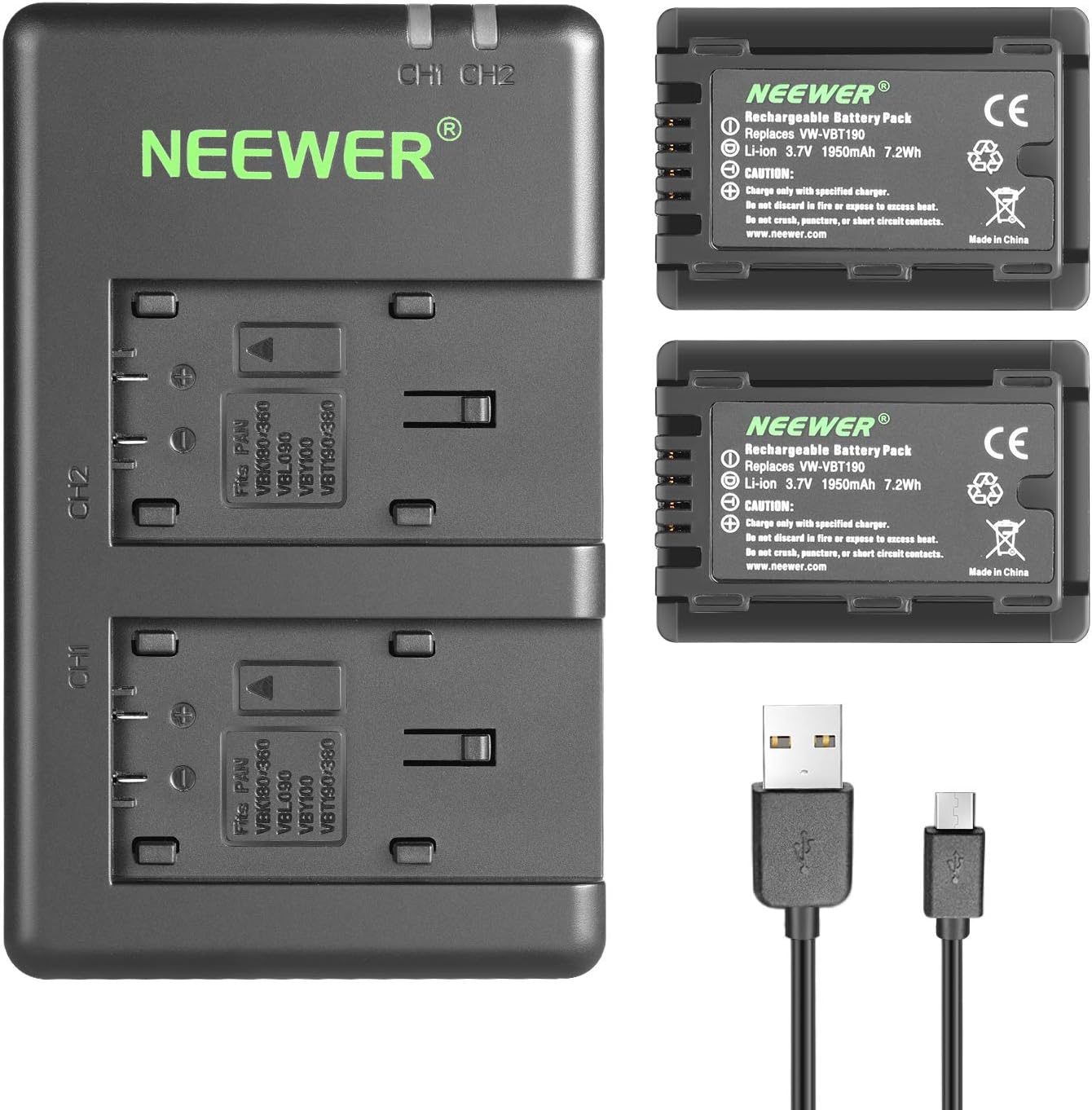 NEEWER Replacement Battery and Charger Set for VW-VBT190, 2 Pack 1950 mAh Batteries and Dual USB Charger - Image 3