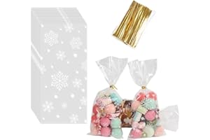 LOMIMOS 120pcs Christmas Cellophane Treat Bags,Xmas Clear Plastic Snowflake Candy Cookie Packing Bags with Twist Ties for Chr