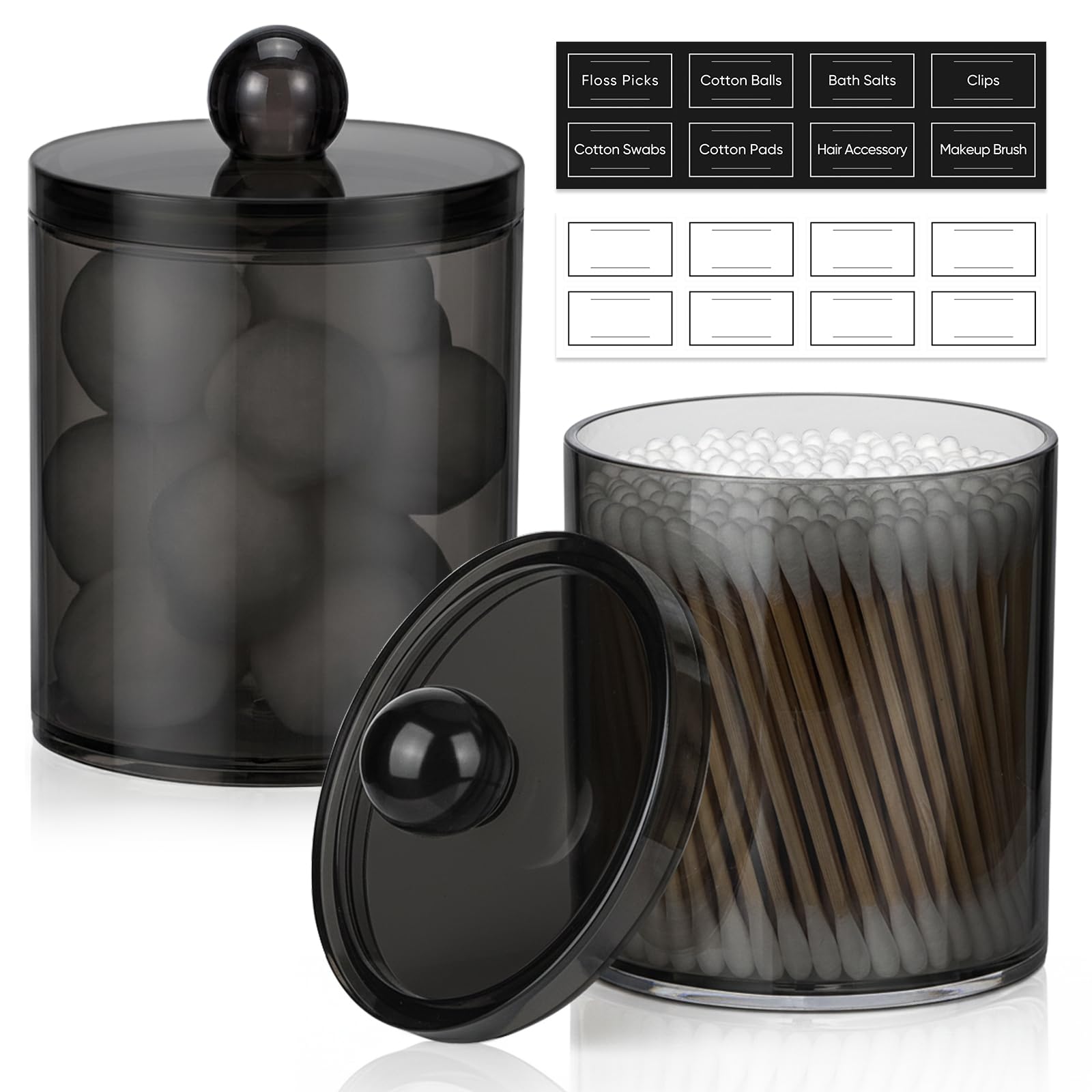 Photo 1 of 2 Pack Acrylic Qtip Holder Dispenser for Cotton Swabs, Balls, Pads, Floss Picks- Clear Plastic Canister Apothecary Jar Set, Bathroom Essentials Accessories Decor Vanity Makeup Storage Organizer -Black