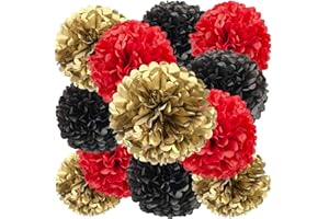Black,Red and Gold Paper Pom Poms Decorations for Wedding Birthday Party DecorationCeiling Wall Hanging Tissue Flowers Decora