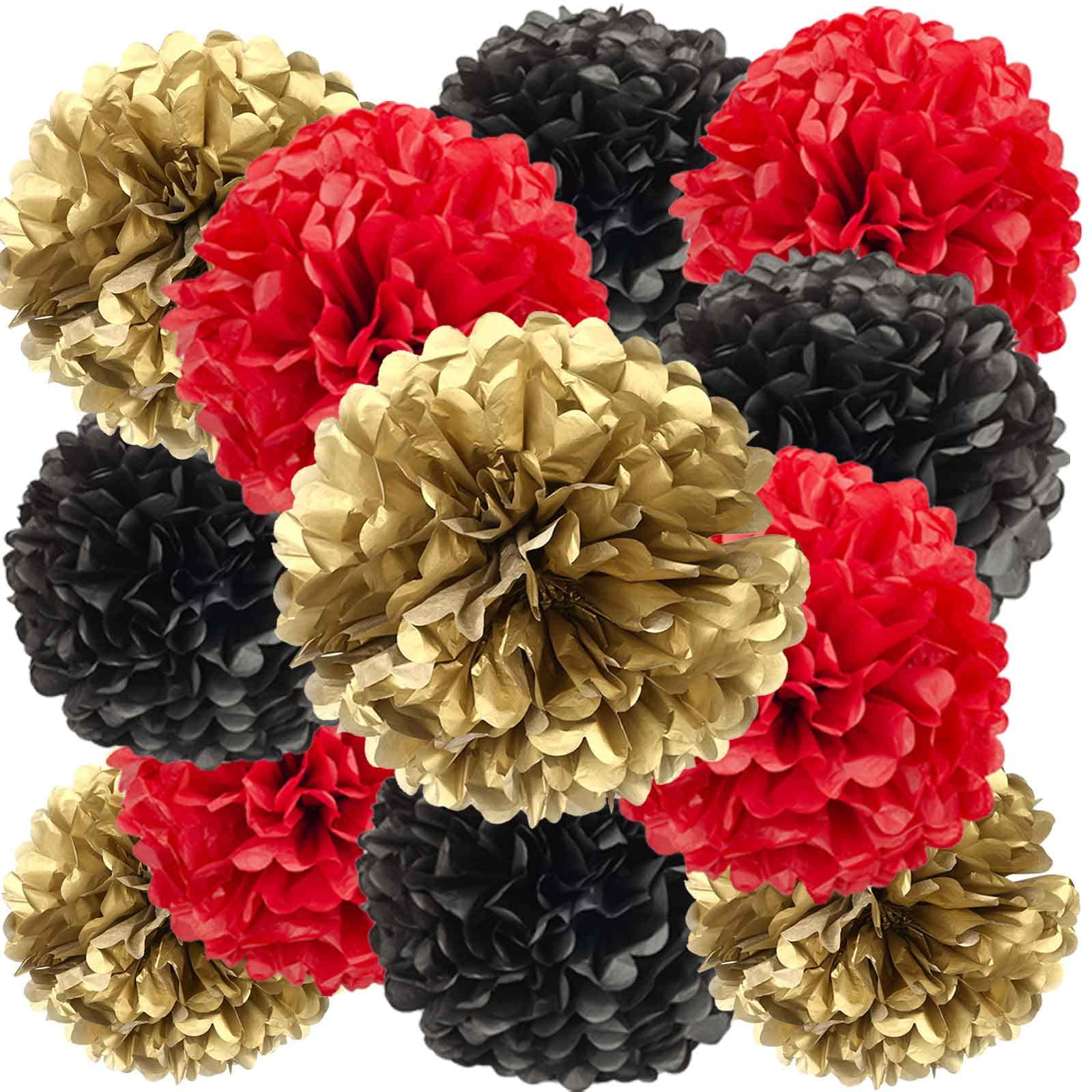 12pcs Black Red Gold Paper Pom Poms Decorations for Party Ceiling Wall Hanging Tissue Flowers Pompon Decorations - 12 Inch, 10 Inch