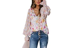 BIUCLY SHEWIN Women's Casual Boho Floral Print V Neck Long Sleeve Drawstring Tops Loose Blouses Button Down Shirts