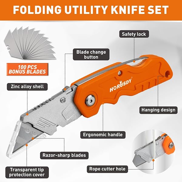HORUSDY 20-PACK FOLDING UTILITY KNIFE SET, HEAVY-DUTY BOX CUTTERS WITH 100 EXTRA RAZOR BLADES, QUICK-CHANGE FOLDABLE KNIVES FOR DRYWALL, CARPET, BOXES, COLOR-CODED HANDLES FOR JOBSITE & HOME USE