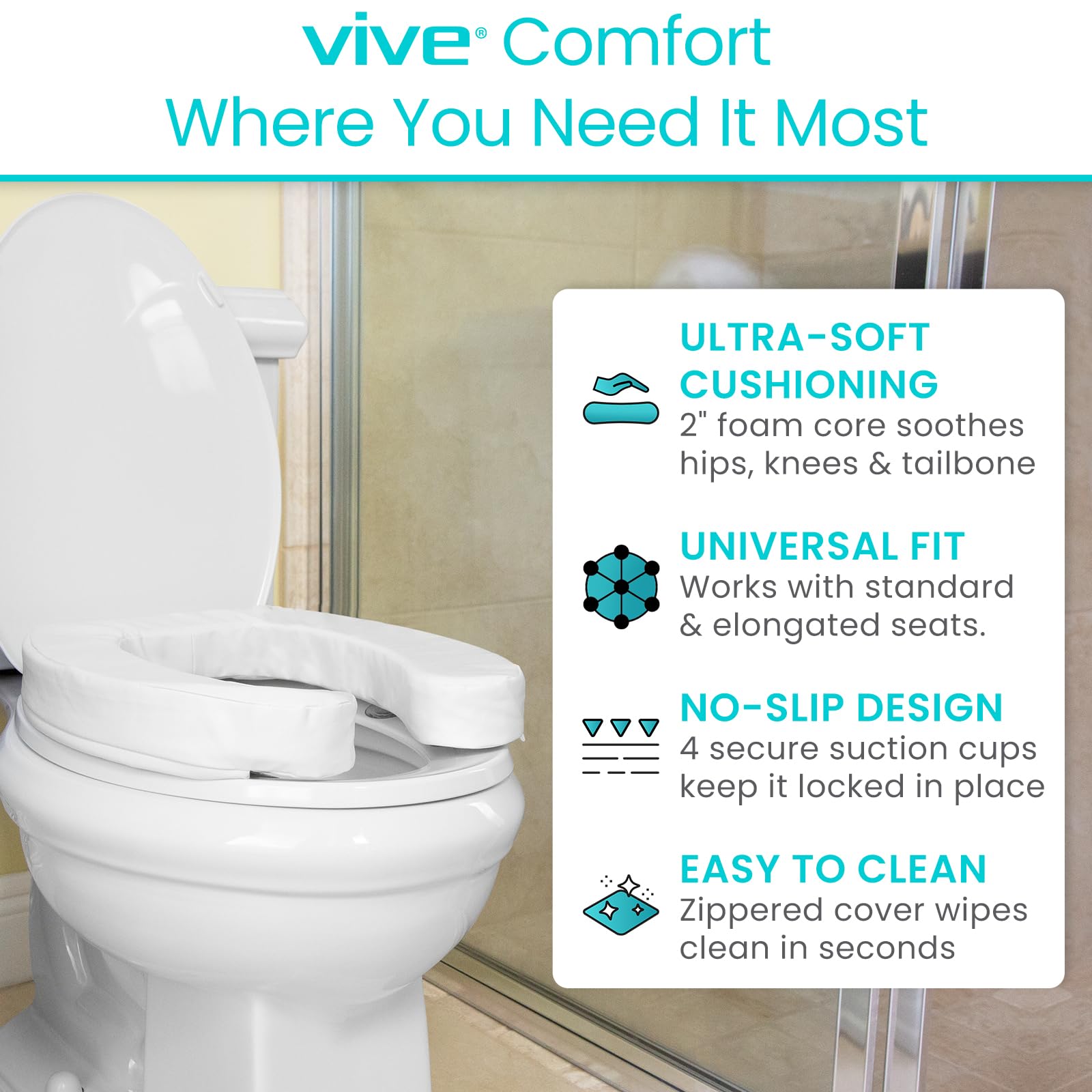 Vive Toilet Seat Cushion (Soft Cushioned Foam) - Easy Clean Soft Padded Bathroom Attachment - Elongated, Standard Seats - Comfort & Support Donut for Handicap Adults