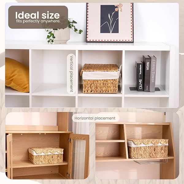 WICKER BASKET WITH LID, HANDWOVEN WICKER TOY BOX WITH SCALLOPED EDGES, RECTANGULAR STORAGE BIN FOR PICNIC & SHELVES W/HANDLES, WATER HYACINTH BASKET WITH LINER & DIVIDER – 15.2L X 11.2W X 7.4H IN