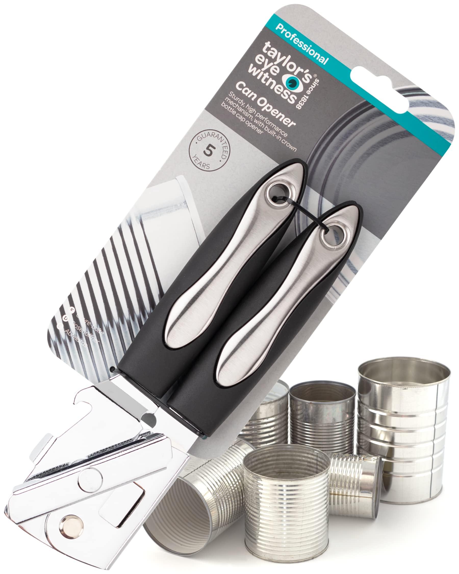 Stainless Steel Heavy Duty Can Opener - Easy To Use Manual Turn Mechanism. Handheld Tool, Black Soft Grip Rubberised Handles & Hanging Hole For Easy Kitchen Storage. Dishwasher Safe. 5 Year Guarantee.