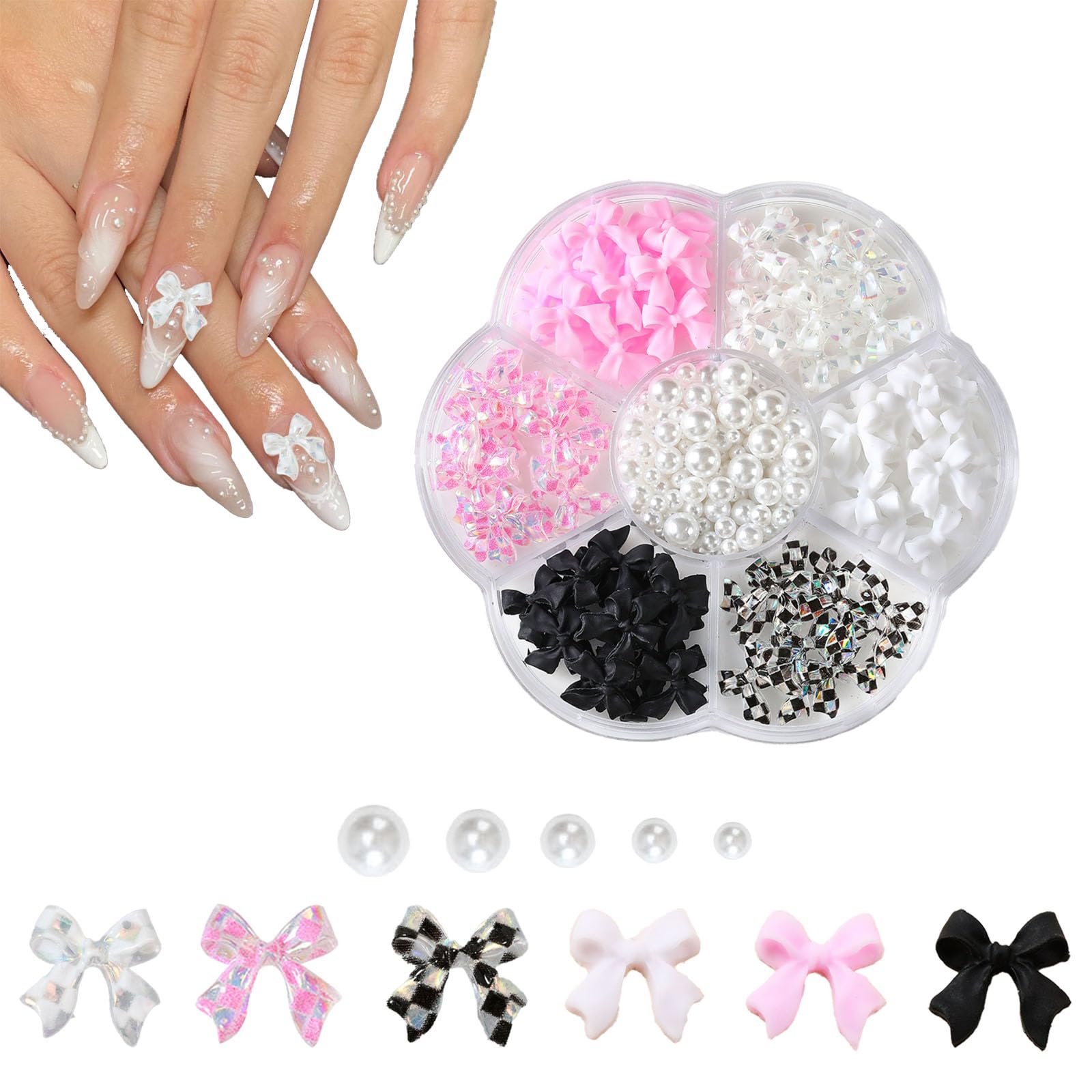 Photo 1 of ZUMILLMN 300PCS Bow Nail Charms and Pearls,Black White Pink Bowknot 3D Cute Nail Charms for Acrylic Nail Supplies Design,White Pearls for Nail Jewelry DIY Crafts Nail Art Decoration Accessories