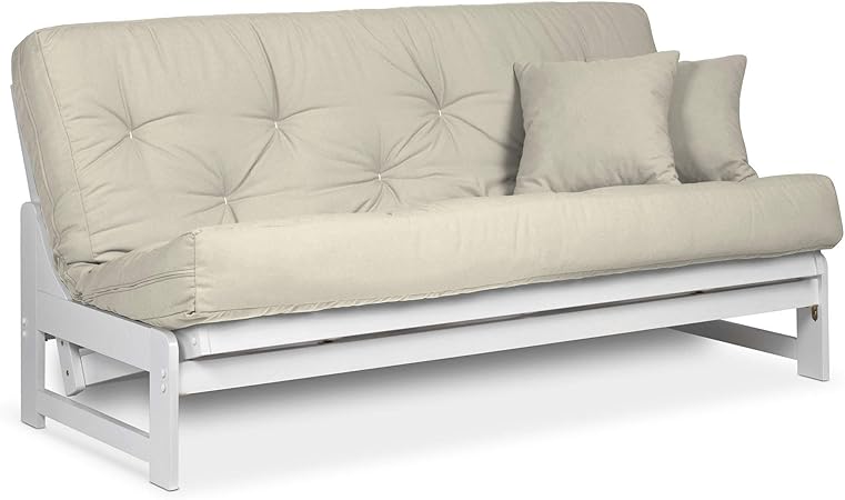 Amazon Com Arden White Futon Set Queen Size Armless Futon Frame With Mattress Included Twill Ivory More Mattress Colors Sizes Available Space Saving Modern Sofa Bed Sleeper Kitchen Dining
