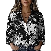 domirica Shirts for Women Trendy Hippie Minimalist Print Tunic Tops Long Sleeve V Neck Button Down Flowing Blouse
