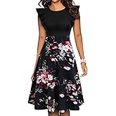 YATHON Women's Vintage Ruffle Floral Flared A Line Swing Casual Cocktail Party Dresses