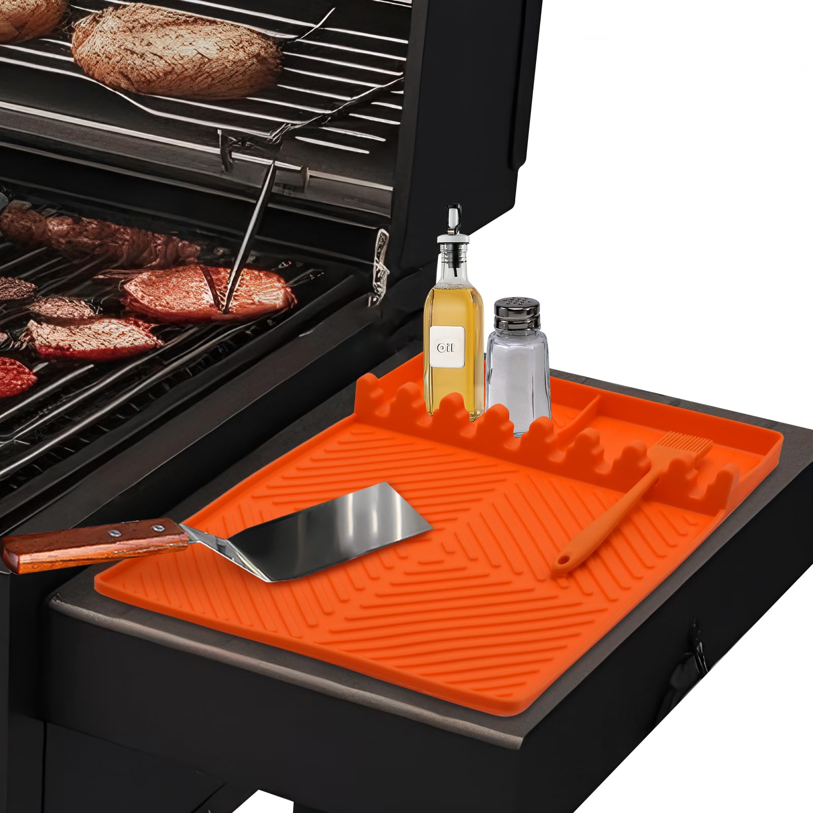 Yiomxhi Silicone Griddle Tools Mat, Spatula Mat Grill Side Shelf Mat for Grill Tools, BBQ Utensils Rest with Drip Pad for Kitchen Cooking Countertop, Orange