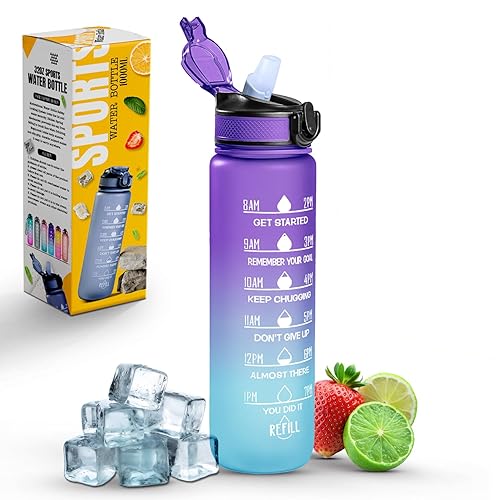 Roe Tenpo Sports Water Bottle with Straw and Time Marking, and 32OZ Capacity - Motivational and Eco-Friendly BPA-Free Bottle for Running, Gym, Yoga, Outdoors, and Camping (Style-1, Blue-Purple)