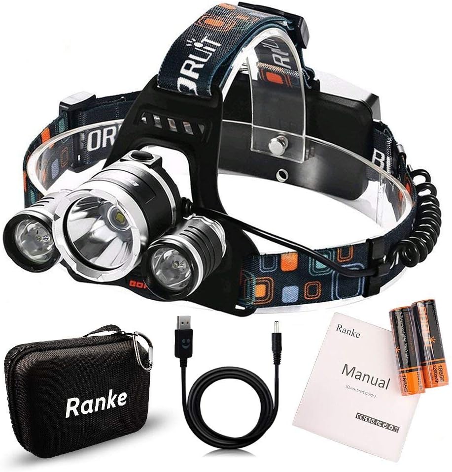 Head lights, Super Bright Boruit Head Torches 6000 Lumens, 90 Degree Adjustable Cree Led Headlamp with 3 Lights 4 Modes, Waterproof USB Rechargeable Hands-free Flashlight for Running, Fishing, Outdoor