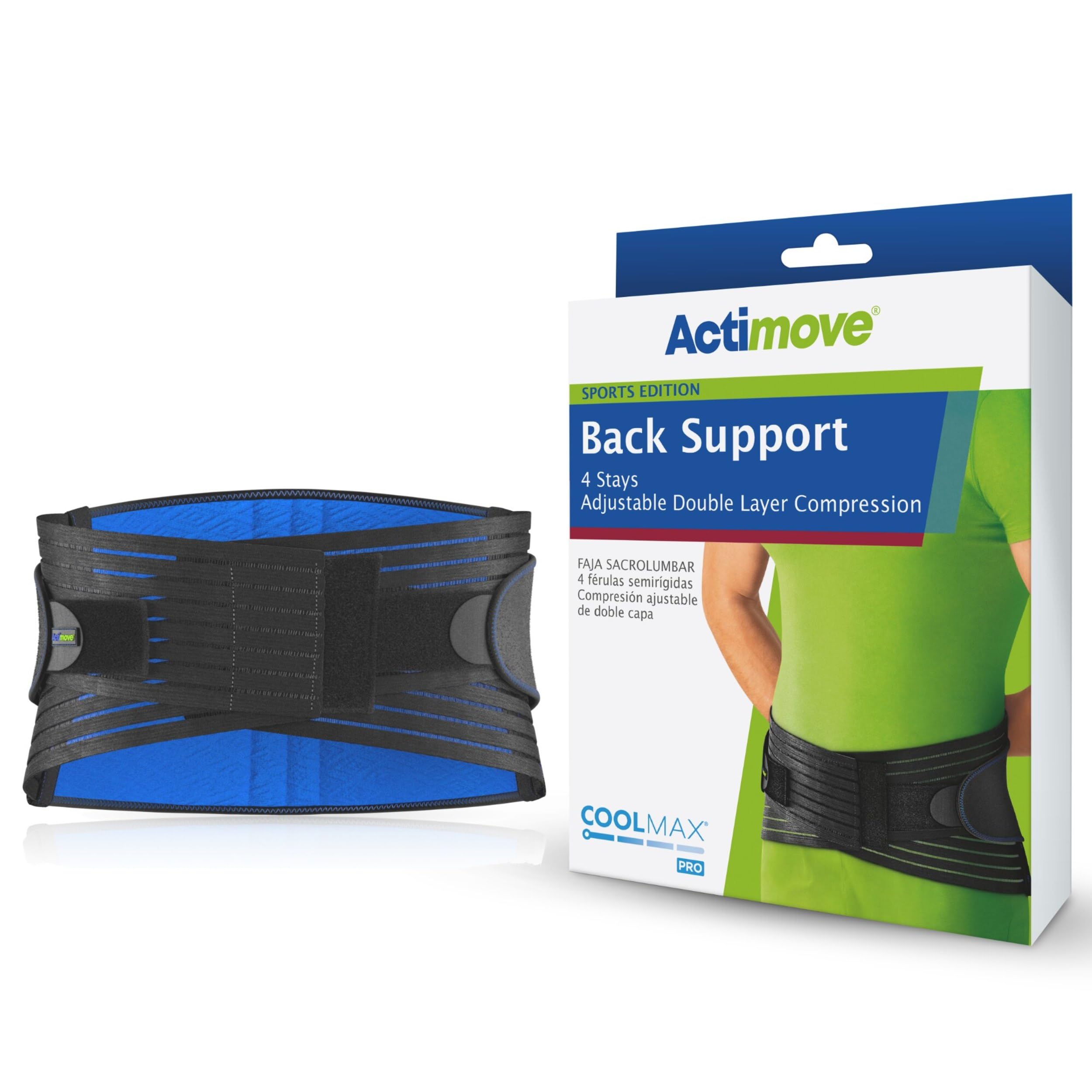 Actimove® SPORTS EDITION Back Support, 4 Stays with Adjustable Double Layer Compression - For Pain Relief with Comfort - Ideal for Exercising - Black, Medium
