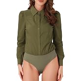 Allegra K Button Down Bodysuit for Women Office Collared Long Sleeve Shirt | Work Body Suits, Lightweight Leotard Shirt, Business Casual Professional Interview Outfits