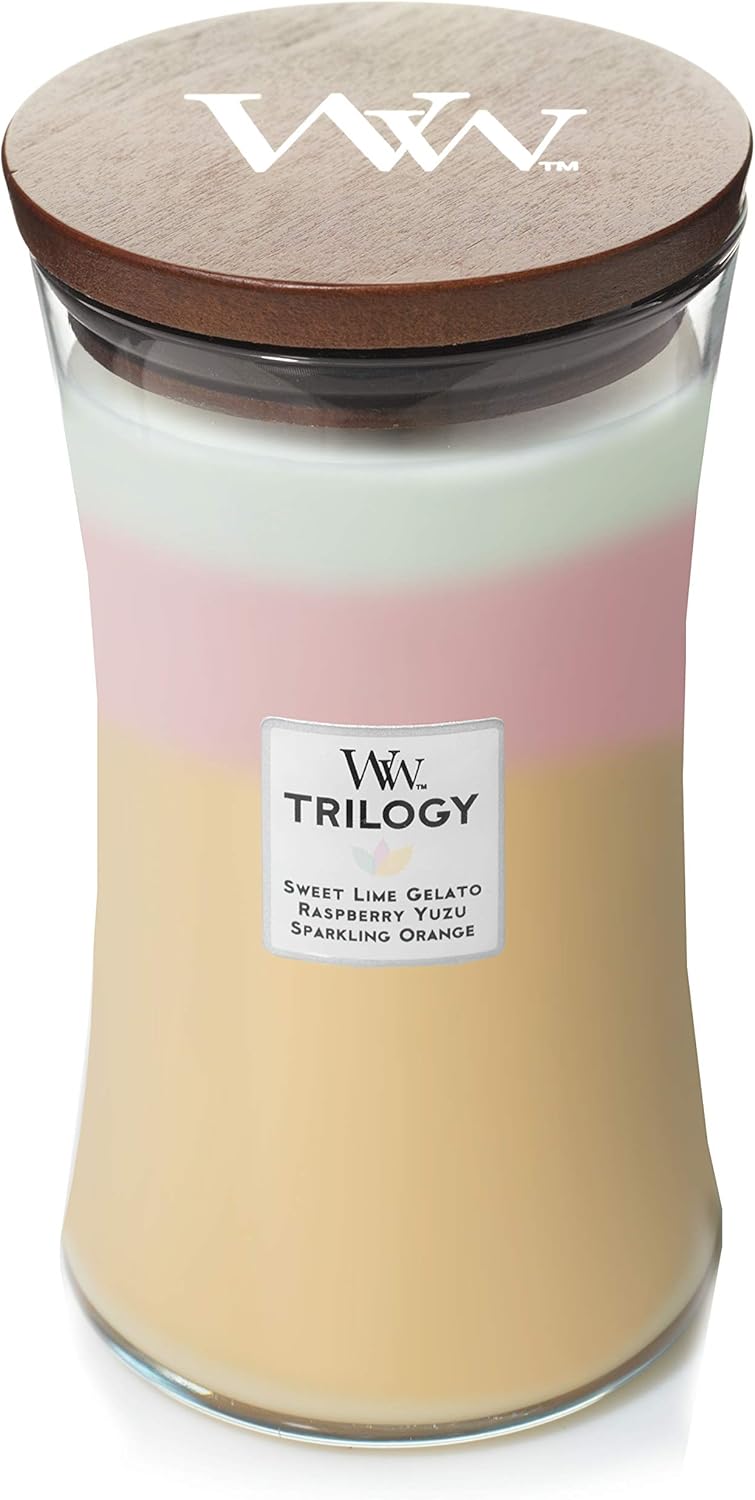 Woodwick Large Hourglass Trilogy Scented Candle | Summer Sweets | with Crackling Wick | Burn Time: Up to 130 Hours, Summer Sweets