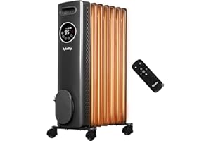 hykolity Electric Oil Filled Radiator, 1500W Portable Full Room Radiant Space Heater with Adjustable Thermostat, Remote, Led Display, Child Lock, Overheat & Tip-Over Protection, 24H Timer, Grey