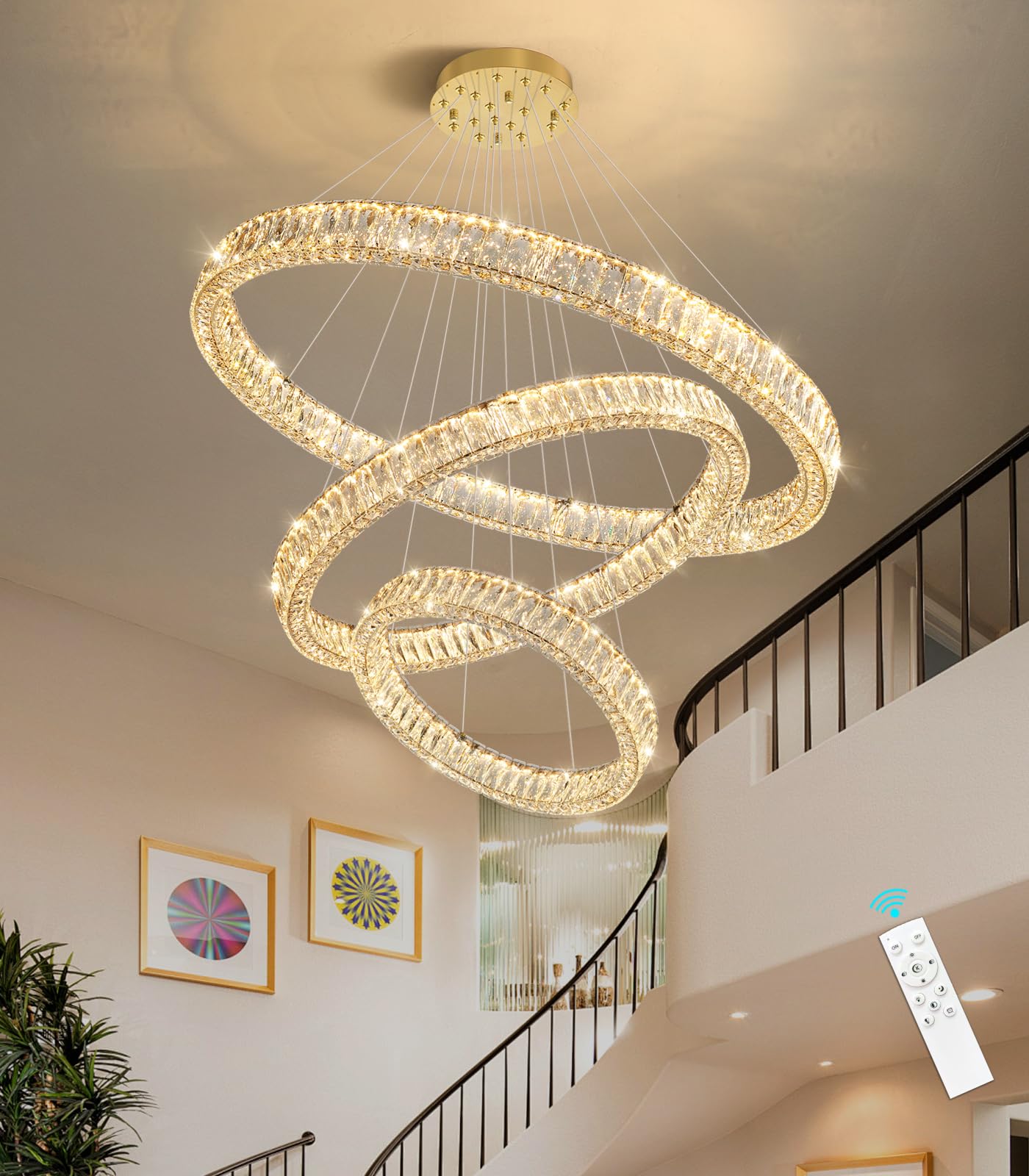 HAIXIANG Large Glam Chandelier Crystal LED 3 Rings Chandeliers ...