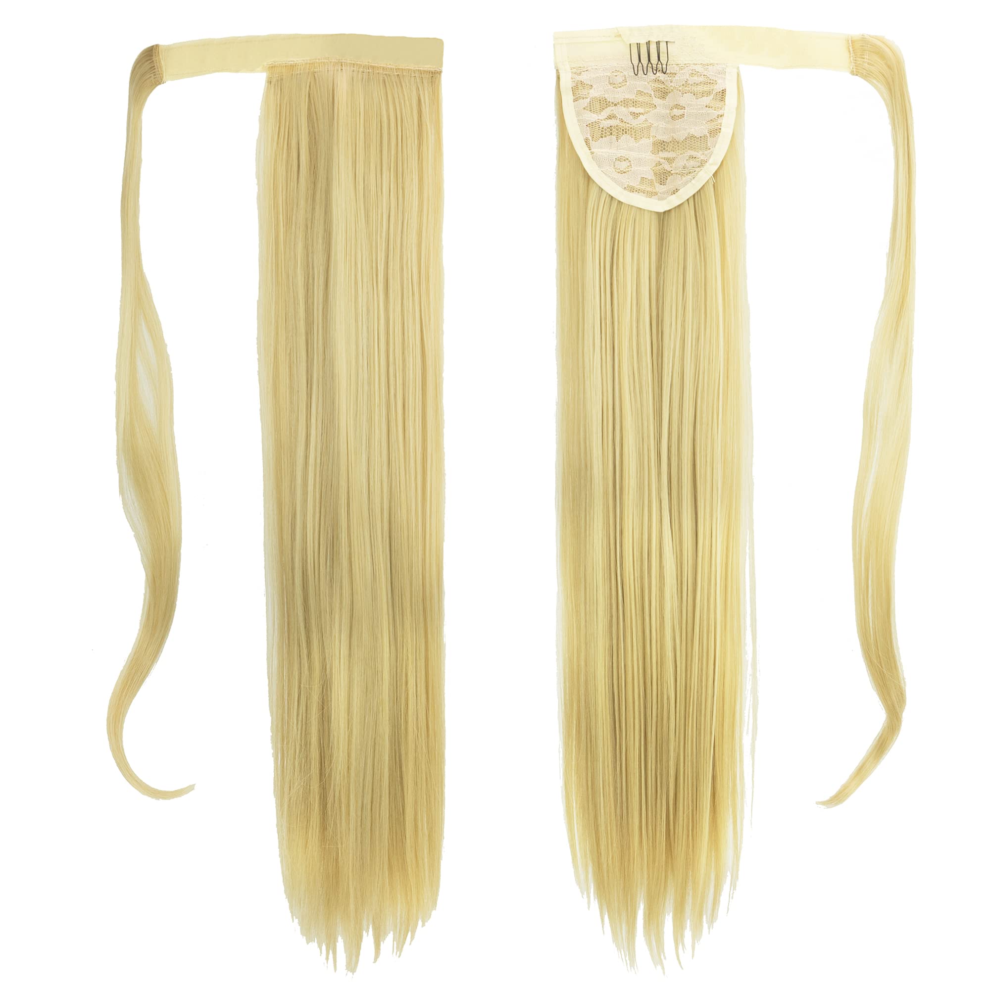 IMISSU Long Straight Wrap Around Ponytail Extension Synthetic Hair Extensions Clip in Ponytails Hairpiece for Women (Bleach Blonde)