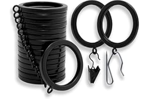 BlastHome® Luxury Curtain Rings – Premium Metal with Quiet, Smooth Nylon Inserts – Pinhooks and Clips Included – 1 1/2" Inside Diameter – 18 Rings for Two Standard Curtains – Tuxedo Black