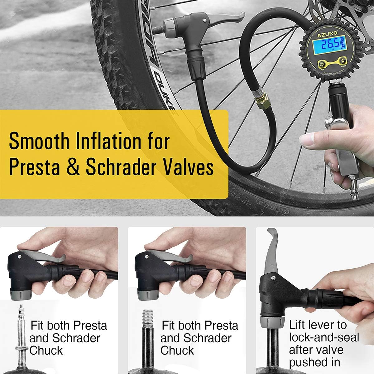 AZUNO Bike Tire Inflator with Pressure Gauge, 200 PSI, w/Auto-Select Presta Schrader Chuck on 18" Rubber Hose, Lock on Air Chuck, Quick Connect Coupler, Bicycle Accessories : Sports & Outdoors