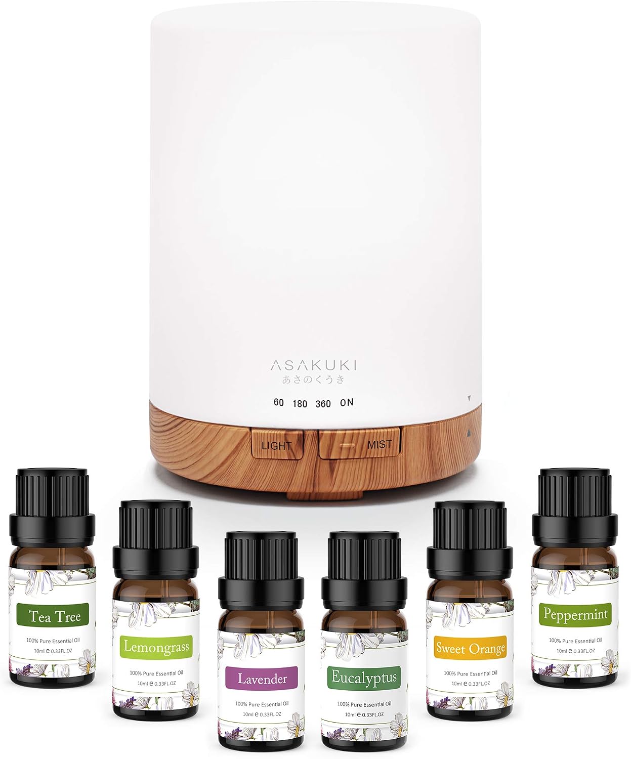 ASAKUKI Diffuser 300ml with 6x10ml Essential Oils Set, Essential Oil Diffuser Ultra-Quiet with 7 Colour Lights