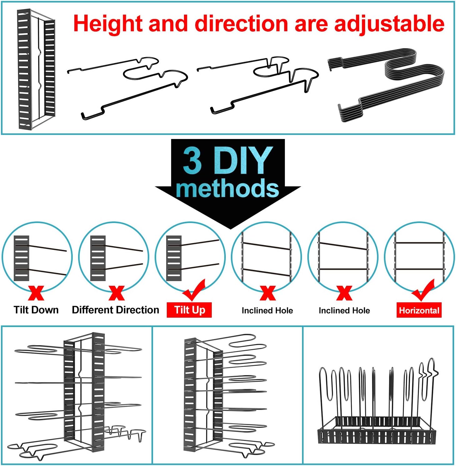 Vdomus Pot Rack Organizer with 3 DIY Methods, Black Metal Kitchen 8+ Pots Holder, Height and Position are Adjustable Cabinet Pantry Pot Lid Holder (Upgraded): Kitchen & Dining