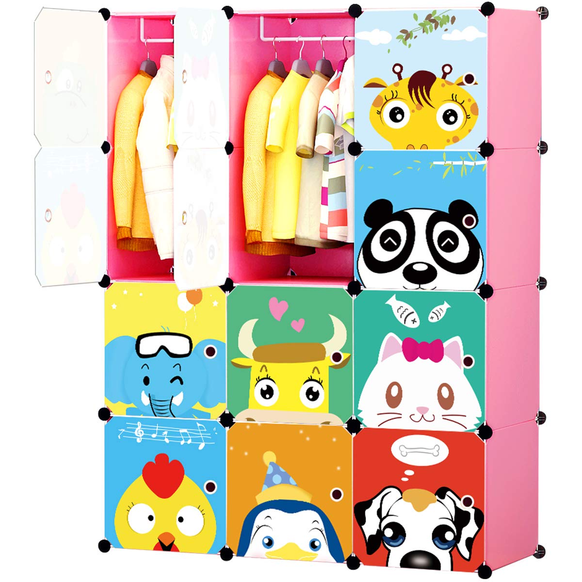 A children's closet organizer with brightly colored animals. 