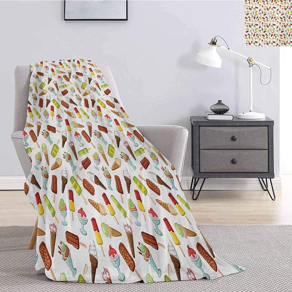Luoiaax Ice Cream Bedding Flannel Blanket Frozen Desserts in Wafer Cone Glazed Eskimo with Whipped Cream Chocolate Sundae Super Soft and Comfortable Luxury Bed Blanket W80 x L60 Inch Multicolor