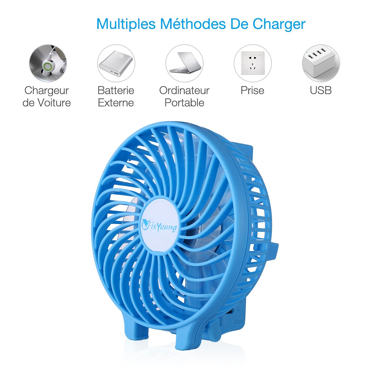 isYoung Pliable Ventilateur Portatif Mini USB Rechargeable avec 18650 Li-Ion Batterie 2200mah pour Camping , Bureau , Sport, Voyage en Été - Bleu