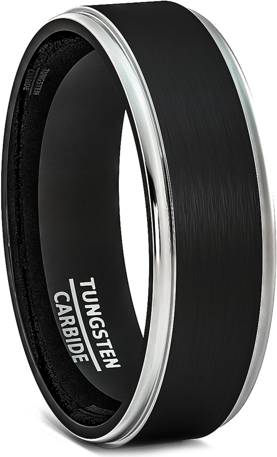 Duke Collections 6mm Black Tungsten Ring Brushed Silver Step Edge Comfort Fit