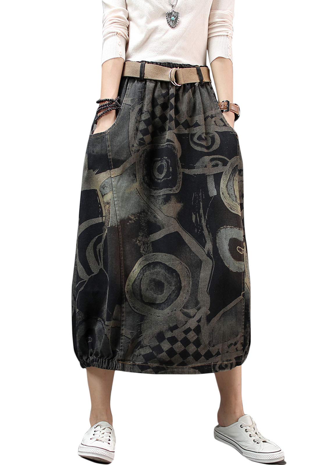 Women's Elastic Waist Denim A-Line Long Midi Skirt - Denim Fit