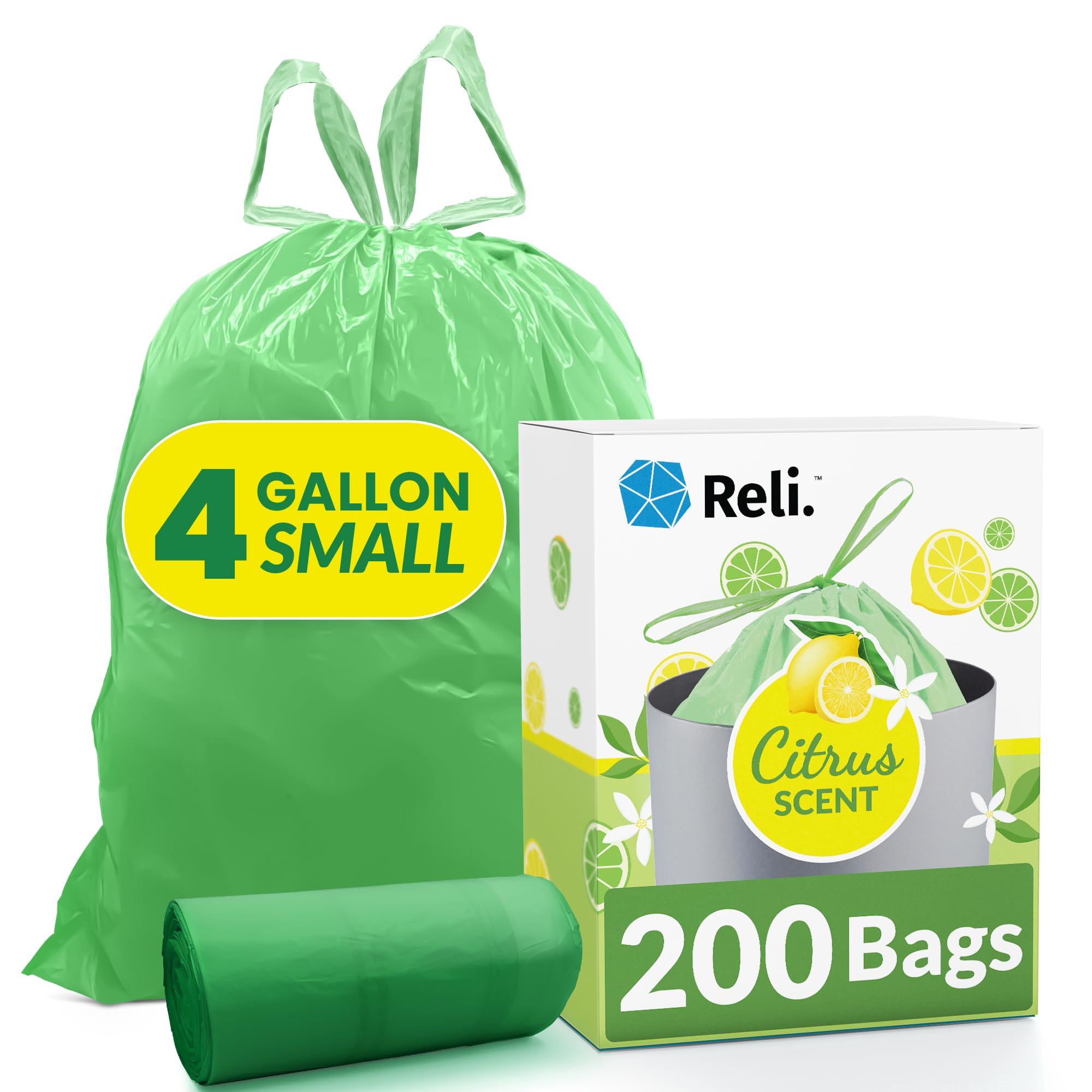 Photo 1 of Reli. 4 Gallon Trash Bags Drawstring (200 Count Bulk) | Citrus Scented Small Trash Bags | Garbage Liners for Bathroom Can | 2 Gal - 3 Gallon - 4 Gal Small Can Liners (Green)