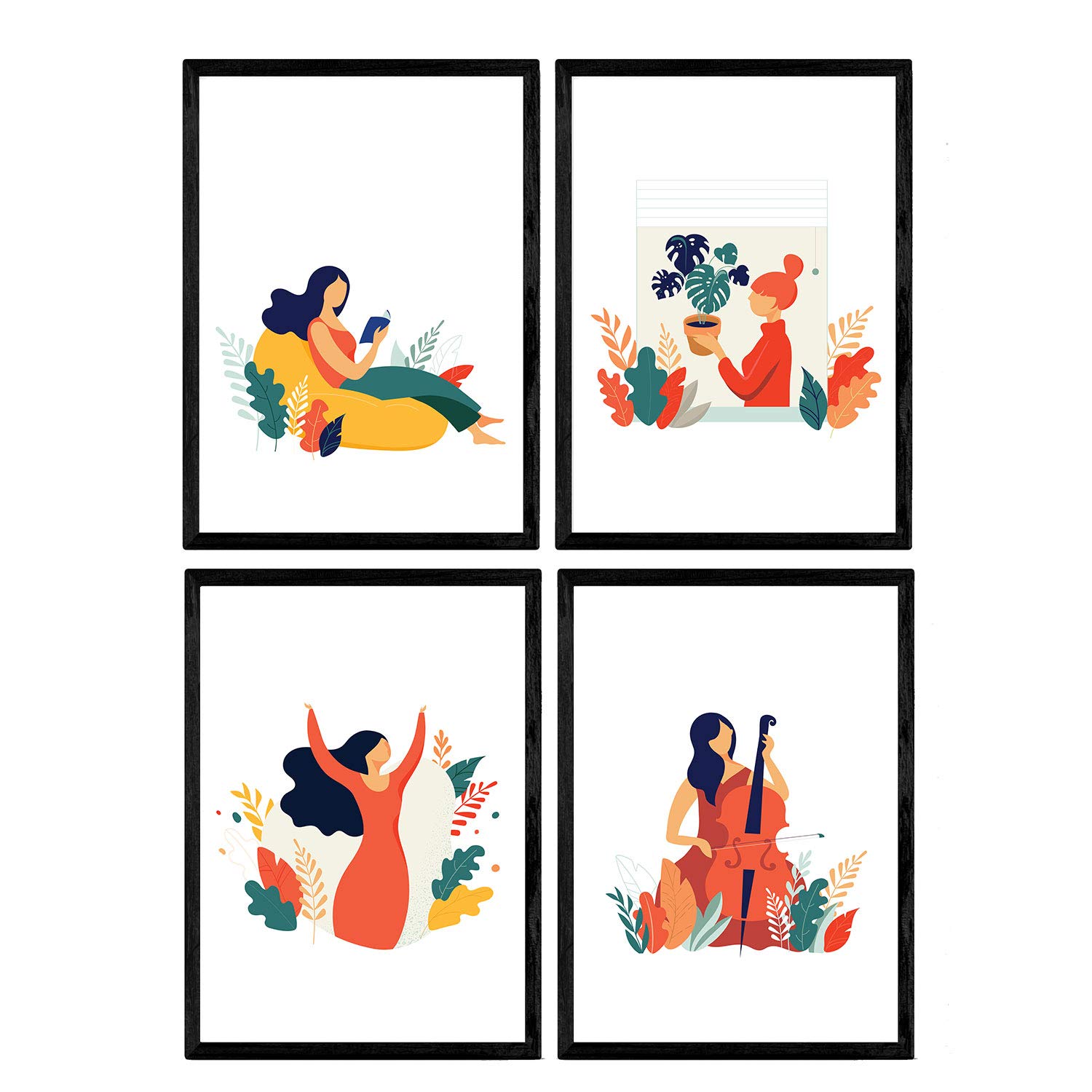 Nacnic Pack of posters with illustrations of women every day. Female plants, woman with cello. A4 size sheets