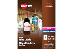 Avery Water-Resistant Wine Bottle Label for Laser and Inkjet Printers, 4.25" x 3.5", White, Permanent, 40/Pack (22811)