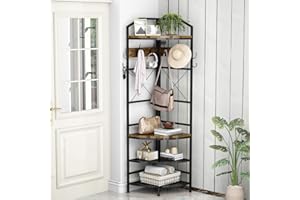 Lamerge Corner Hall Tree with Shoe Rack, Industrial Corner Coat Rack with 6 Hooks and Storage Shelf, Multifunctional Corner Organizer for Entryway, Hallway, Bedroom, Rustic Brown (Hall Tree003)