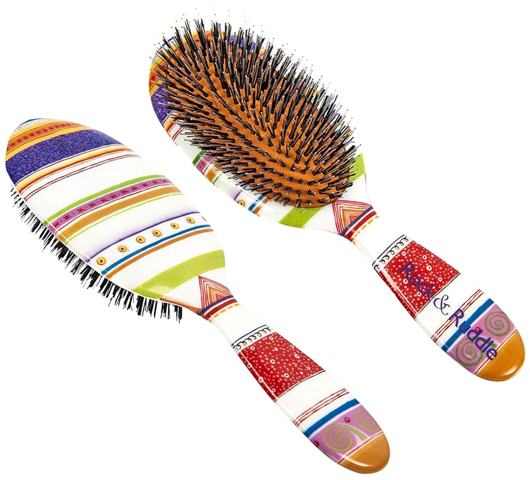 Rock & Ruddle Natural Mixed Boar Bristle Hair Brush for Women and Kids (Large, 21cm) - Perfect for Wet or Dry Hair, Detangling Smoothing Blowdrying - Designed & Made in UK - Folio Society Stripe Design