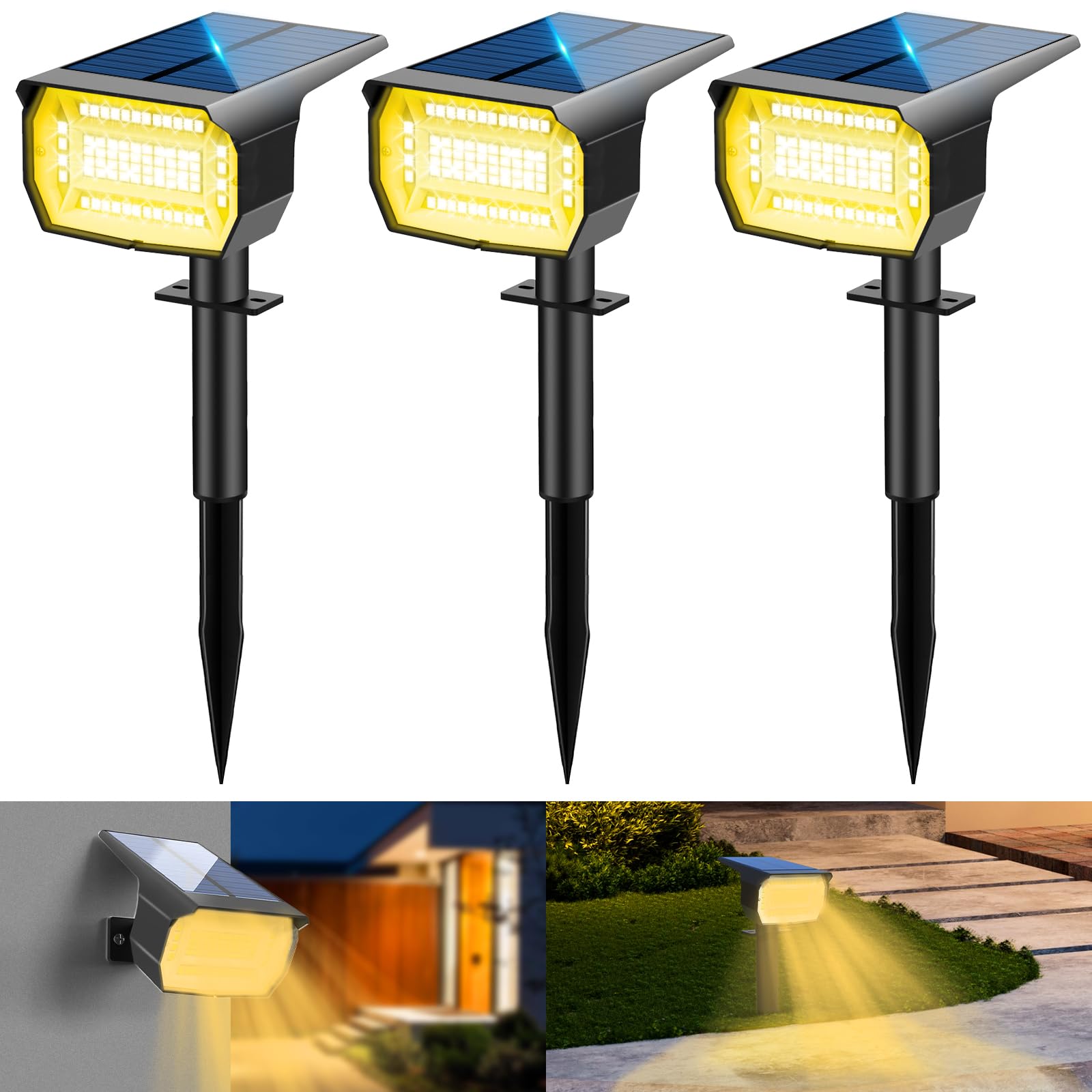 LOTMOS 3Pcs Solar Spot Lights Outdoor Garden 72 LED 3 Modes IP67 Waterproof Landscape Spotlights, Auto ON/Off Dusk Till Dawn Uplighters for Garden, Yard, Driveway, Pathway
