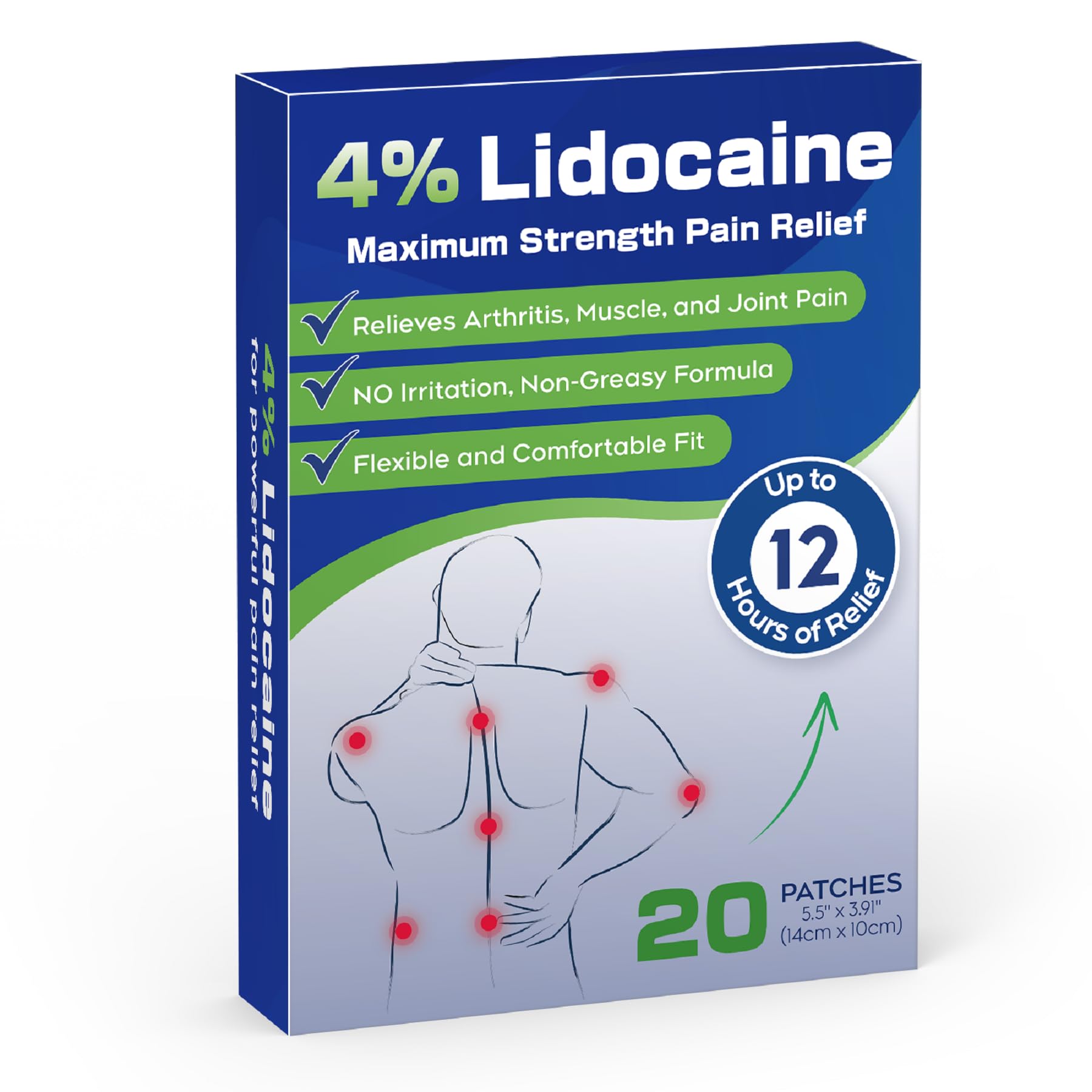 Photo 1 of Uposiut 4% Lidocaine Patches, 20 Patches Maximum Strength Lidocaine Patches 20 Patches, for Muscle Pain Relief in The Neck, Shoulders, Back, Knees, and Anks, 12 Hour Pain Relief-012345