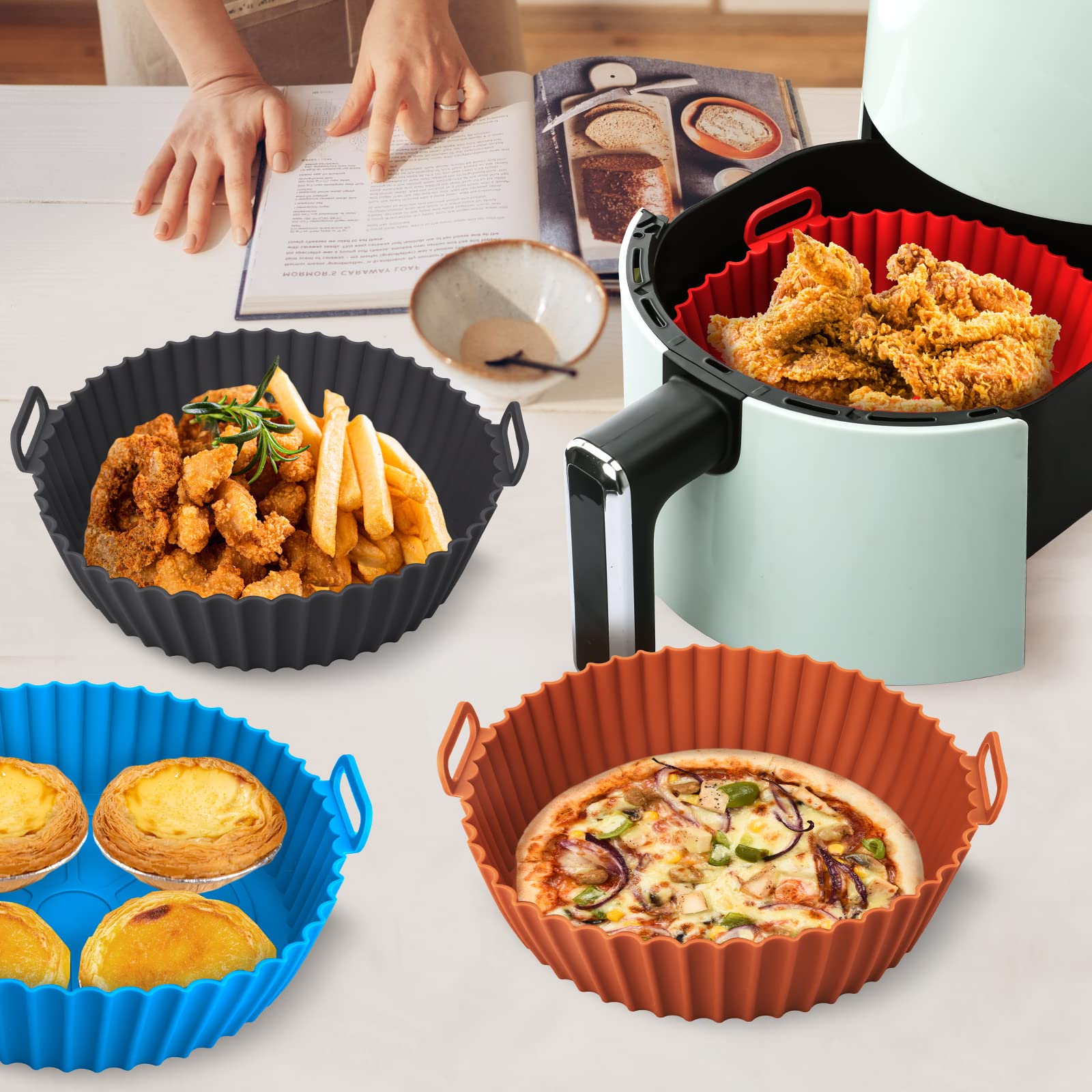 2 Pack Air Fryer Silicone Liners for Ninja, Reusable Silicone Bowl Basket Fit for 3 to 5QT Air Fryer, Replacement of Flammable Parchment Paper, Baking Tray Oven Accessories (Top 8in, Bottom 6.8in)
