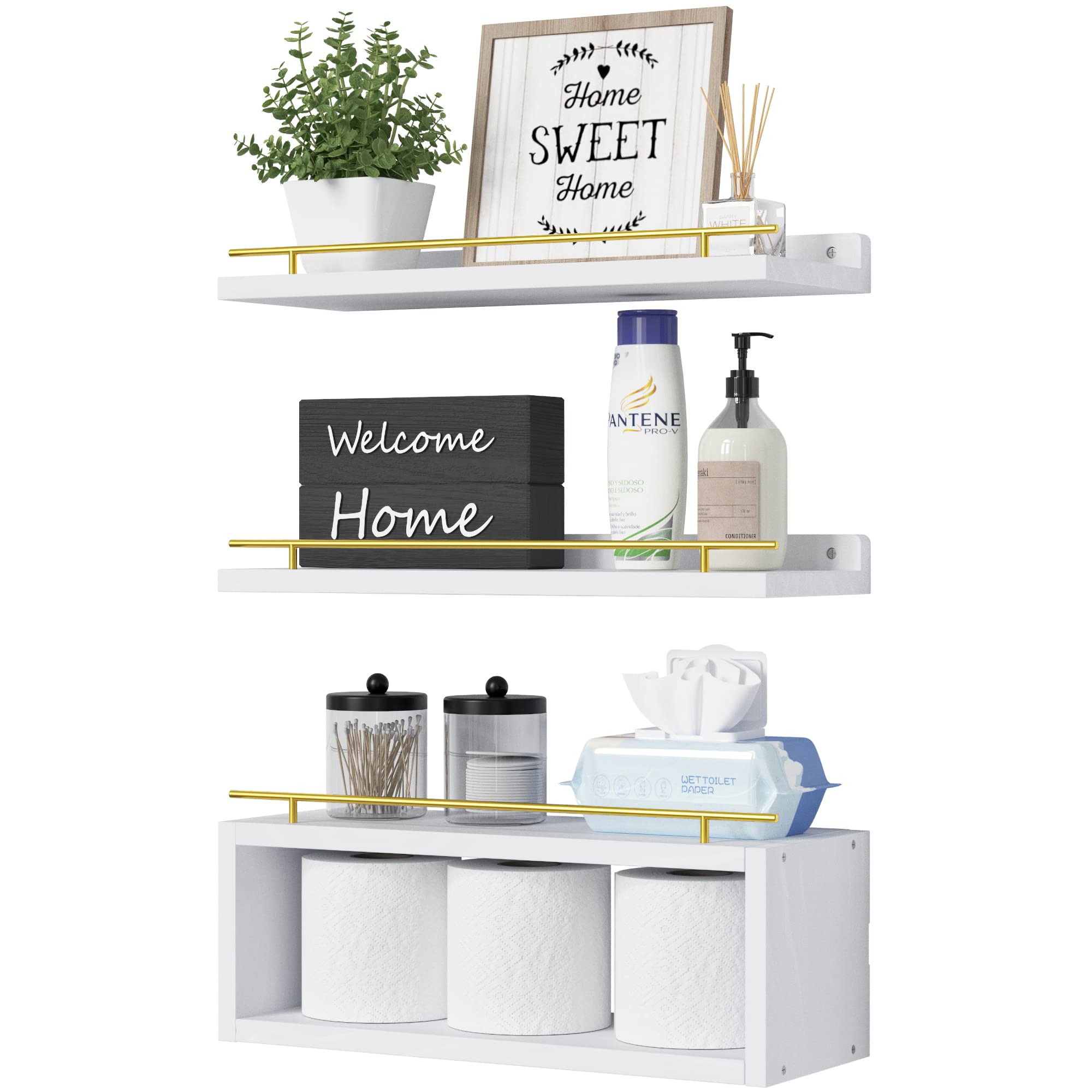 Photo 1 of WOPITUES Floating Shelves with Cube Shelf, Wall Shelves with Metal Rail for Bathroom Decor, Over Toilet Bathroom Organizers and Storage, Toilet Paper Holder - White&Gold