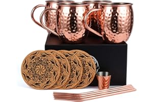 Eligara Moscow Mule Copper Mugs Set of 4, Handcrafted Food Safe Copper Cups for Moscow Mule Cocktail, 16 oz Gift Set with Bon