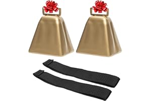 Bevin Bells Long Distance Cow Bells 10LD (Gold & Gold) | Christmas Bells | Made from Steel | Loud Noise Makers | w/White Strap Around The Handle | Easier to Hold | Made in CT, USA