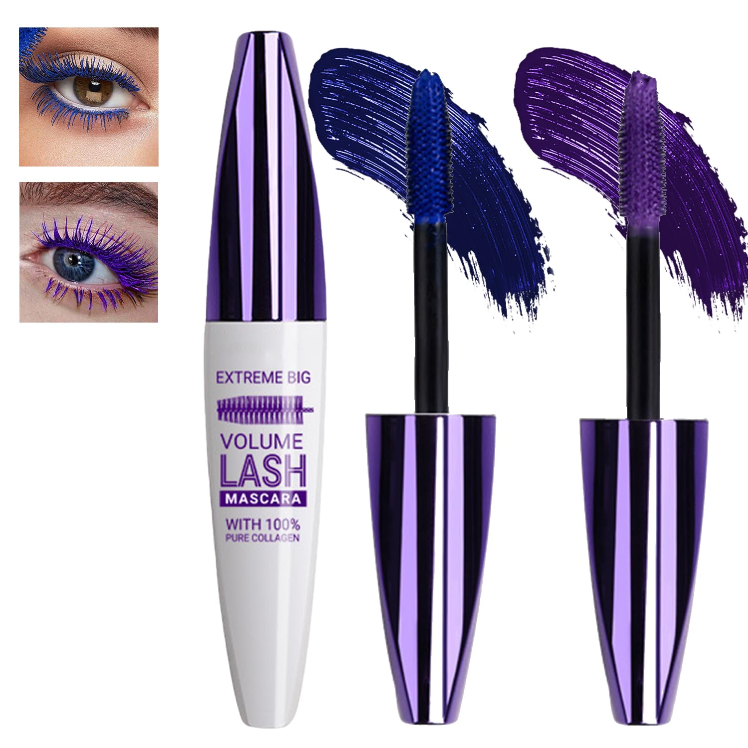 Extreme Big Volume Lash Mascara with 100% Pure Collagen for Voluminous, Curled Lashes - Waterproof, Smudge-Proof Black and Brown Mascara for Sensitive Eyes, Non-Clumping Formula for Daily and Evening