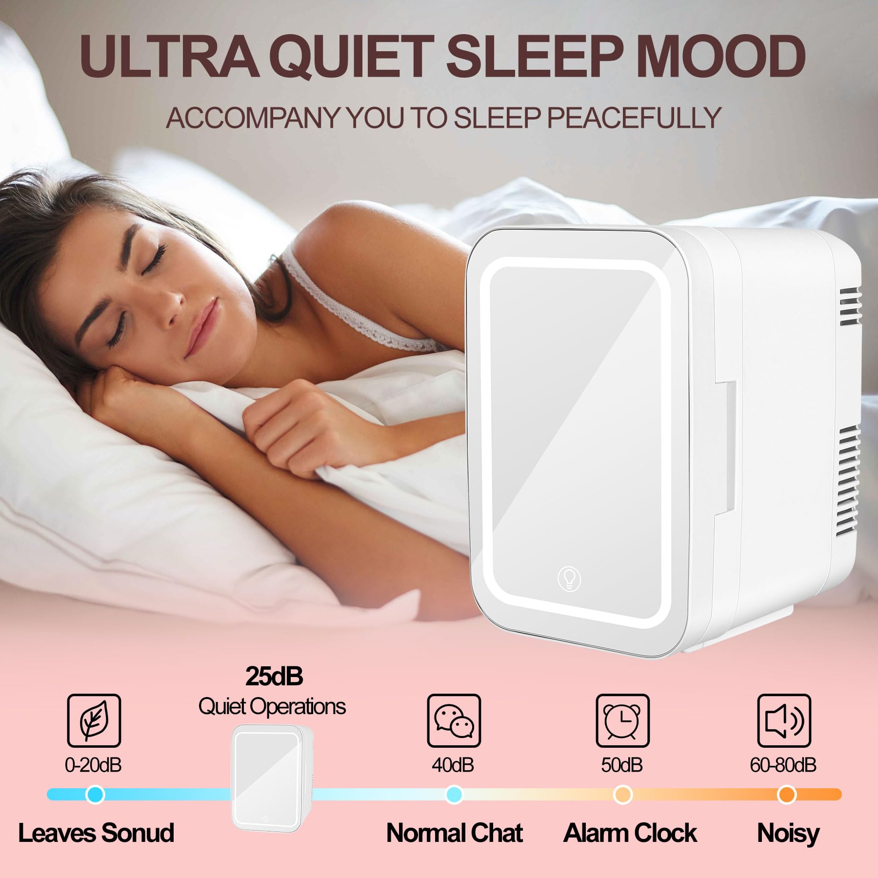 Chsuiwe Mini Fridge, Skincare Fridge With Dimmable LED Light Mirror, 4L/6 Cans Makeup Mini Fridge for Bedroom, Cooler & Warmer, AC/DC Powered Small Portable Refrigerator for Car, Office and Food-White - Image 5